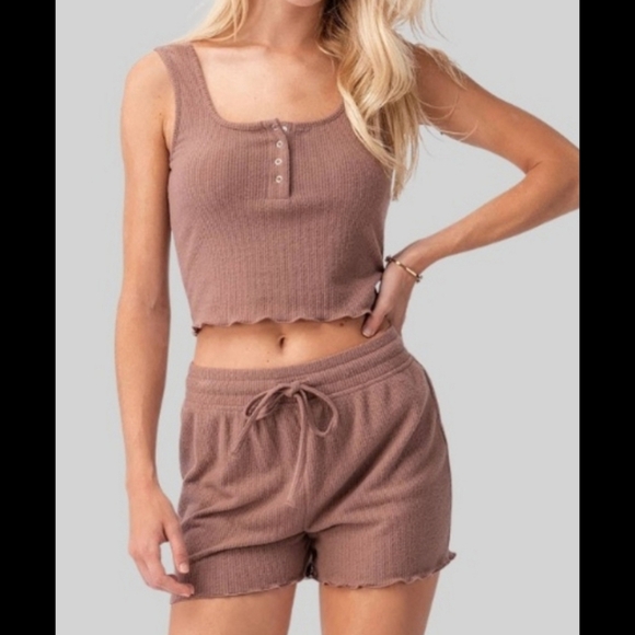 8 Soft seamless rib knit scoop neck tank top drawstring short lounge pajama set - Picture 2 of 4